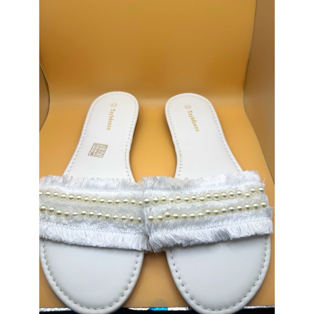 Toybdsunx White Pearl Fringed Slide Sandals Sz 9.5